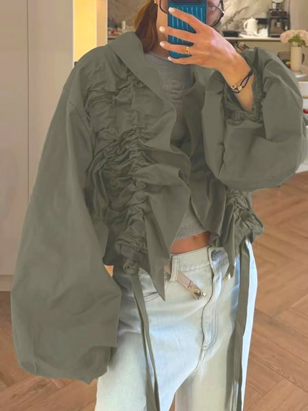 Vintage Drawstring Women Shirts Lapel Collar Long Sleeve Loose Shirt for Street Gathering Wear Fashion Autumn New