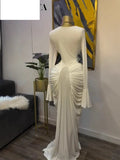 Women Skew Neck Flare Long Sleeve Ruched Stacked Maxi Long Dress Fall Birthday Evening Sexy Party Dresses with Scarf