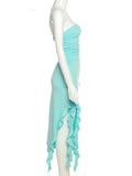 Elegant Strapless Dress Women Irregular Tassel 2023 Summer Trend Skinny Split Maxi Bodycon Birthday Party Clubwear