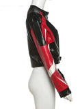 Zip Women Varsity Jacket Faux Leather Patchwork Cinched Waist Autumn Fashion Wild Street Hipster Uniform Crop Coat