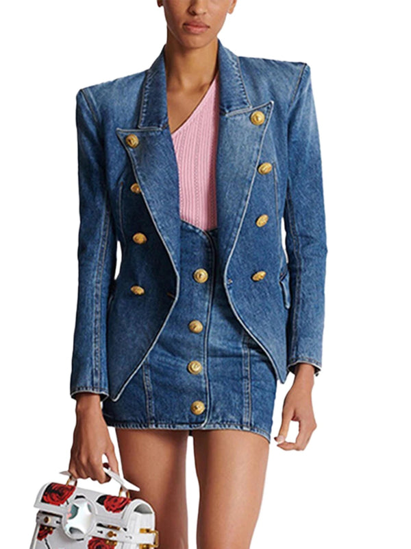 High Quality Women'S Double Breasted Slim Fit Denim Blazer Long Sleeve Jean Jacket High Waisted Pencil Mini Skirt Set
