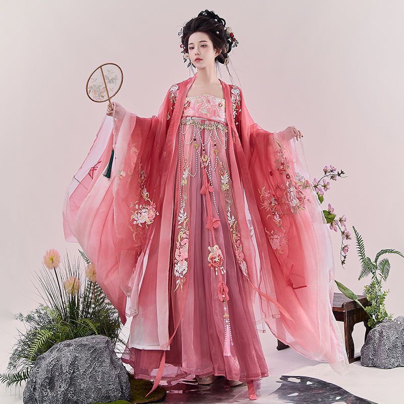 Olive Girl Red Embroidered Hanfu Dress for Ren Faire 2026 Garden Wedding Fairycore Photoshoot Everyday Wear S-XL XS-3XL Plus Size Hand Embroidered Flowing Sleeve Editorial Not Costume Chinese Heritage Fashion Women