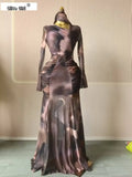 Women Tie Dye Printed Skew Neck Flare Long Sleeve Ruched Stacked Maxi Long Dress  Summer Birthday Sexy Party Dresses