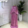 Women Shiny Fuchsia Drawstring Neck Batwing Sleeve Maxi Pleated Dress Fall Street Party Sweet Beach Elegant Long Dresses