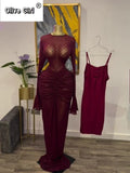 Women Long Sleeve Stacked Mesh See Though with Lining Bodycon Long Dress 2025 Autumn Evening Birthday Sexy Party Dresses