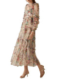 Patchworl Edible Tree Fungus Floral Dresses For Women Round Neck Long Sleeve High Waist Temperament Folds Mesh Dress Female