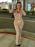 Leopard Letter Print 2 Piece Set Women Tracksuit Sporty Casual Hooded Crop Jacket+Flare Pants Stretch Matching Suits