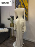 Women Skew Neck Flare Long Sleeve Ruched Stacked Maxi Long Dress Fall Birthday Evening Sexy Party Dresses with Scarf