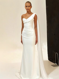 Customized White One Shoulder Wedding Dresses Sleeveless Floor-Length Bridal Gowns Elegant Mermaid Satin Wedding Gowns