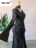 Women Skew Neck Flare Long Sleeve Ruched Stacked Maxi Long Dress Fall Birthday Evening Sexy Party Dresses with Scarf