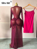 Women Flare Long Sleeve Stacked Dot Mesh See Though with Lining Maxi Long Dress 2025 Evening Birthday Sexy Party Dresses