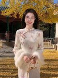 2026 New Chinese Style Pink Butterfly Elegant Temperament Improvement Cheongsam Winter Clothing Splicing Hairy Thick Cheongsam Dress