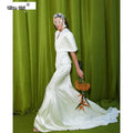 Custom White Satin Cape Sleeve Mermaid Wedding Dress Floor Length Bridal Gown Elegant Formal Evening Occasion Wear