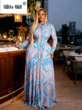 Women O-neck Long Sleeve Big Swing Tie Dye Print Long Dress 2026 Sexy Parties Evening Vacation Maxi Dresses Vestidos