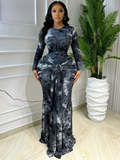 Women Print O-neck Stacked Ruched Bowknot Streamer Mermaid Maxi Midi Dress 2026 Cocktail Birthday Holiday Party Dresses