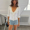 Ruffled Knit Casual Pullover Women's Bow Lace Up V-Neck Solid Slim Commuter T-Shirt Summer New Female Party Vacation Top