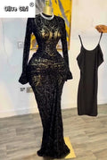 Women Long Sleeve Stacked Mesh See Though with Lining Bodycon Long Dress 2025 Autumn Evening Birthday Sexy Party Dresses