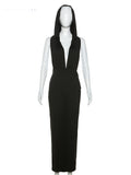 Hooded Backless Dress Women Hipster Elegant Summer Trend Sleeveless Deep V-Neck Maxi Bodycon Streetwear Vestidos