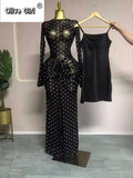 Women Flare Long Sleeve Stacked Dot Mesh See Though with Lining Maxi Long Dress 2025 Evening Birthday Sexy Party Dresses