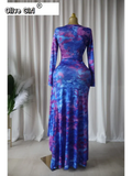 Women Tie Dye Print O-neck Ruched Ribbon Long Dress 2026 Spring Street Evening Birthday Club Party Vestidos Sexy Dresses