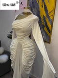 Women Skew Neck Flare Long Sleeve Ruched Stacked Maxi Long Dress Fall Birthday Evening Sexy Party Dresses with Scarf