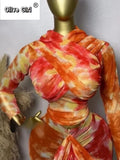 Tie Dye Printed Women Set Wrap Crop Top + Ruched Maxi Skirt 2026 Summer Beach Vacation Birthday Two Piece Set Outfits