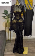 Women Long Sleeve Stacked Mesh See Though with Lining Bodycon Long Dress 2025 Autumn Evening Birthday Sexy Party Dresses