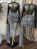 Women Two Piece Pants Set Black Mesh Long Sleeve Top with Black White Geometric Print High Waist Ruched Pants Going Out