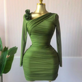 Women Long Sleeve Floral Applique Skew Collar Stacked Ruched Bodycon Midi Dress Vacation Holiday Party Birthday Dresses