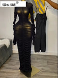 Women Flare Long Sleeve Stacked Ruched Mesh See Though with Tank Dress Maxi Long Dress 2025 Birthday Sexy Party Dresses