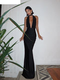 Halter Backless Dress Women Summer Trend Elegant Side Split Deep V-Neck Long Bodycon Midnight Party Ruched Vestidos