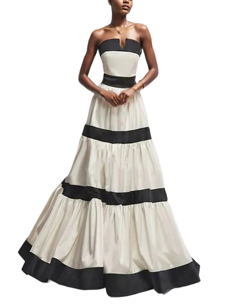 Elegant Colorblock Patchwork Bow Dresses For Women Strapless Sleeveless High Waist Formal Long Dress Female Wedding Gowns